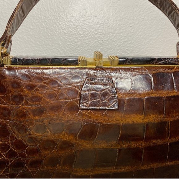 Vintage 1950s Genuine Alligator Crocodile Dark Brown Handbag Rectangular - Picture 5 of 16